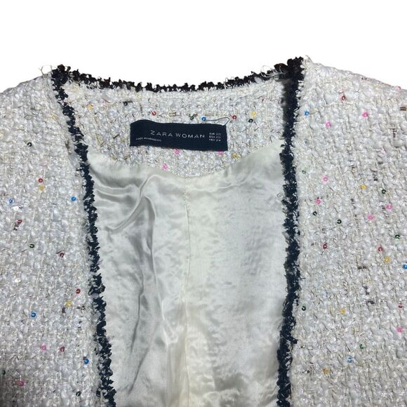 Zara Tweed Jacket Blazer Women XS Sequins Cream White Classic Smart Bloggers Fav - Picture 6 of 9